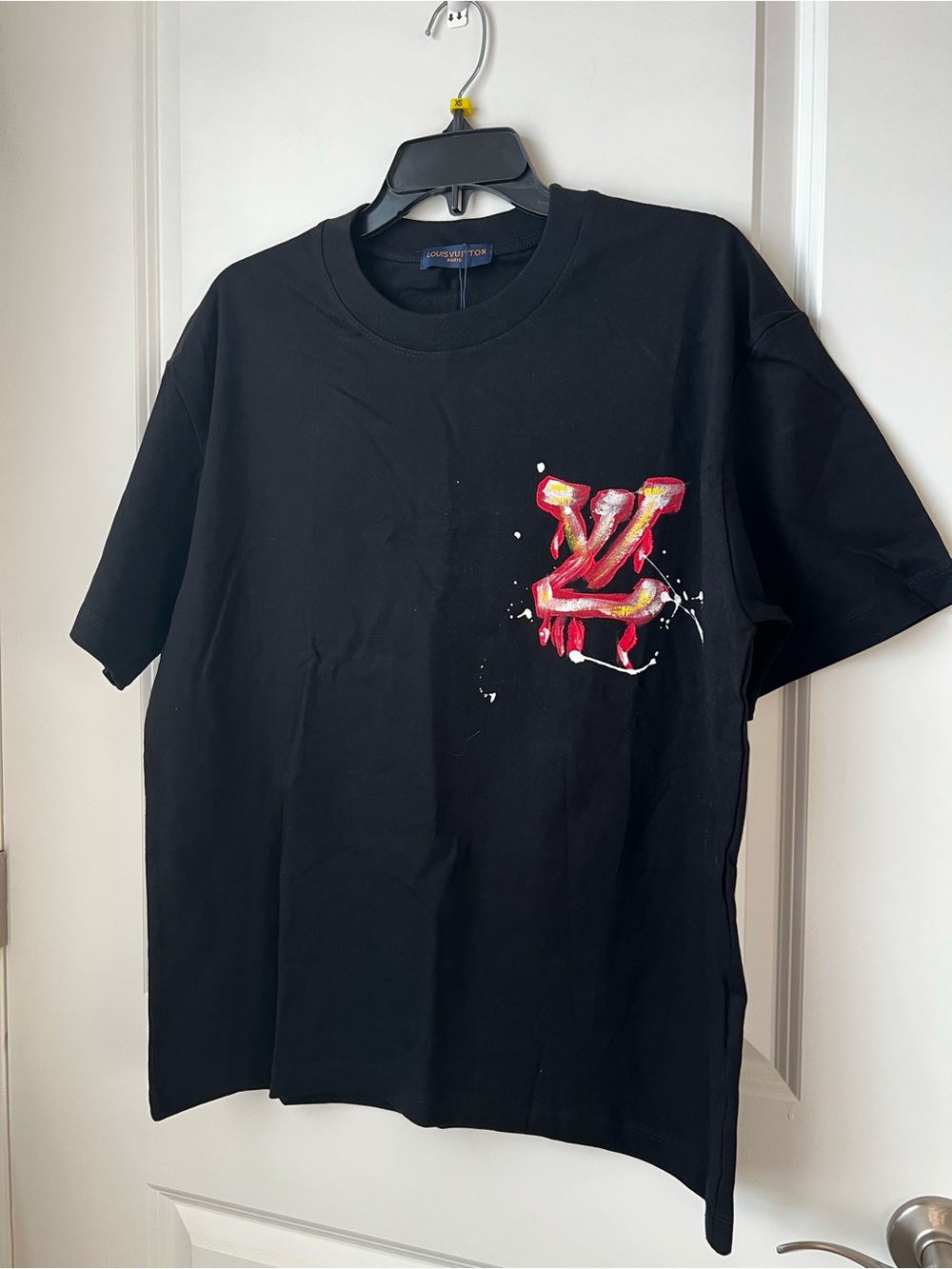 Louis Vuitton Black Tee with Red and Pink LV Emblem